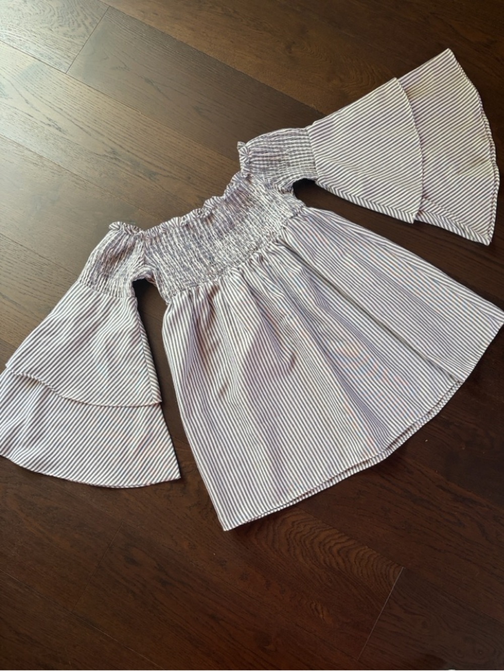 Alythea White and Blue Striped Off-Shoulder Bell Sleeve Top